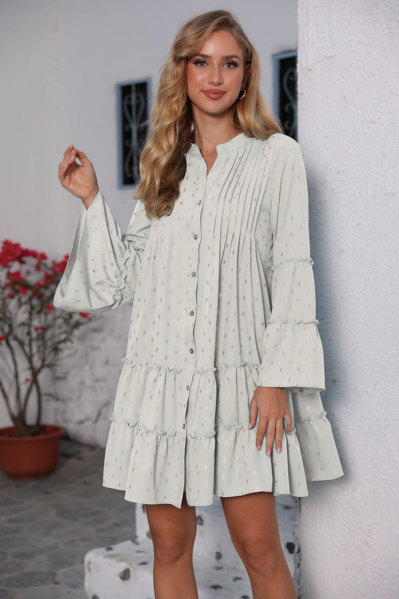 New Printed Bronzing Pleated Flared Long Sleeve Dress Summer Button Design Loose Dresses Fashion Womens Clothing