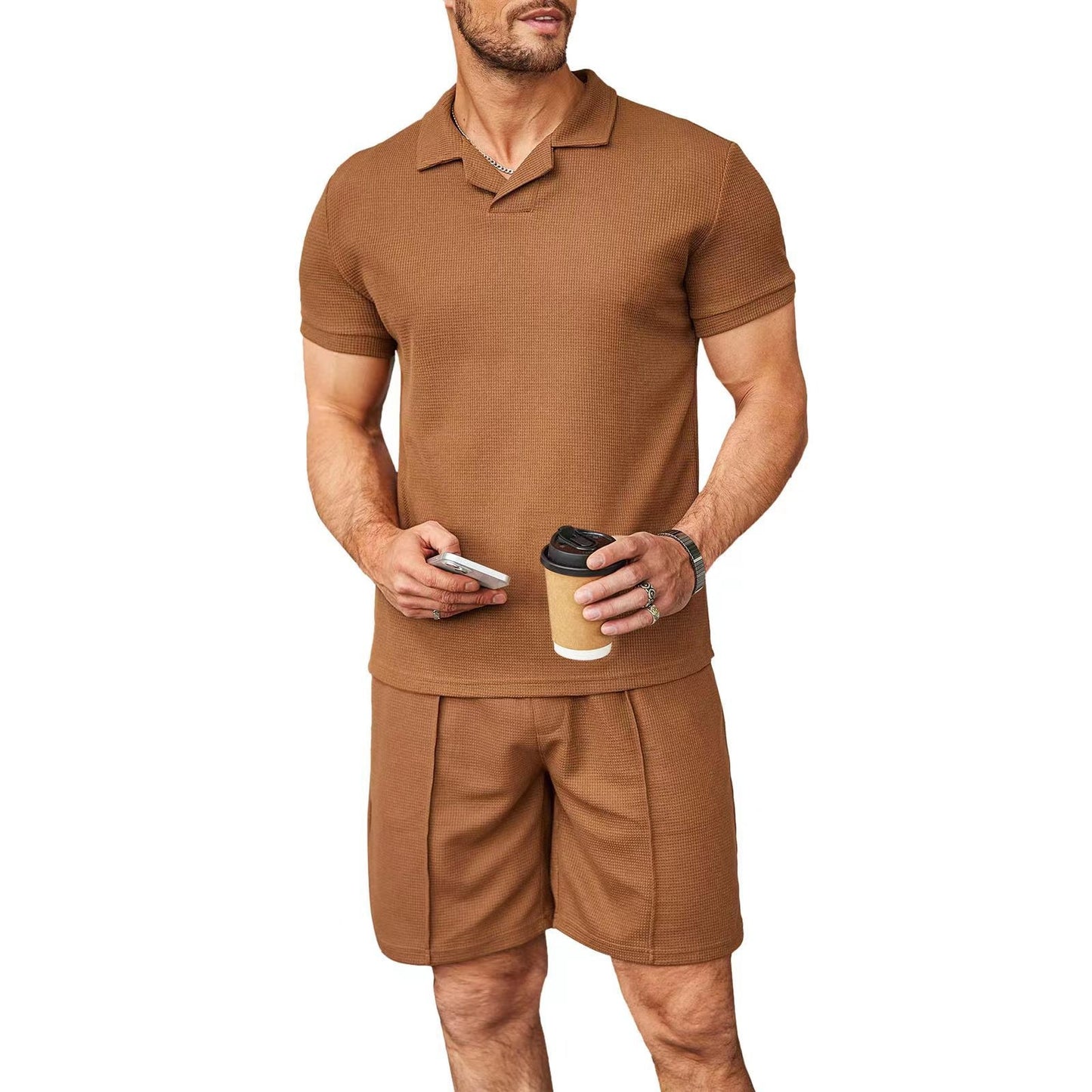 2pcs Set Men V Neck Polo Shirt Lapel Short Sleeve Men's Suit Waffle Style Casual Fashion T-Shirt Summer