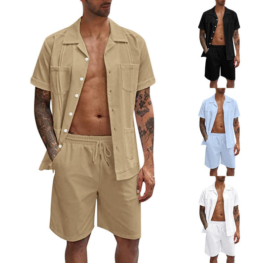 Summer Sports Short Sleeve Shorts Set Linen Loose Casual Men's Shirt Set Summer
